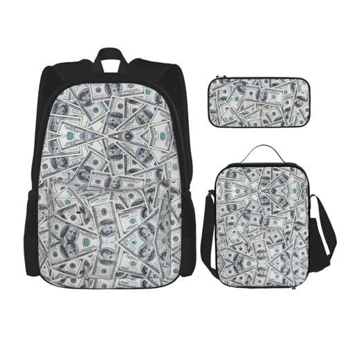 WURTON Lustiges Dollar-Gelddruck-Rucksack-Set, verstellbare Schultergurte, Lunch-Tasche, Federmäppchen, Kombinationstaschen-Set