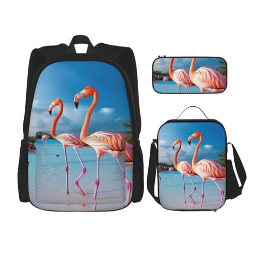 DENMER Mehrzweck-Schultasche mit pinkem Flamingo am Strand, mit passendem Federmäppchen und Lunchtasche, stilvolle All-in-One-Lösung, Rosa Flamingo am Strand, Einheitsgröße