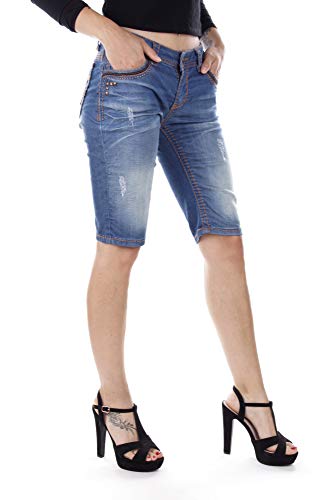 Cipo & Baxx Damen Capri Bermuda Jeansshorts Kurze Hose Denim Jeans Shorts Freizeit Casual Nieten Nähten WK144 Blau W27