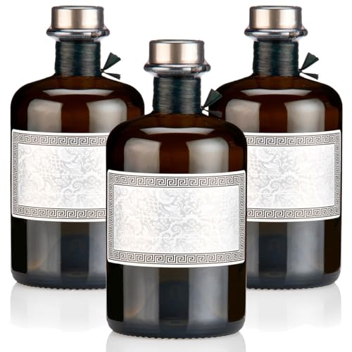 3x Apothekerflaschen braun 500ml Geschenkset mit Korken titansilber matt, Band, Kapseln & 3 Etiketten Motiv Antike, 0,5L leere Glasflaschen schwarz antik, Braunglas Flaschen für Öl, Gin uvm.