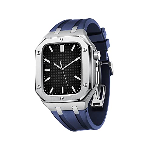 KANUZ Herren und Damen, Militär-Metallgehäuse für Apple Watch, 45 mm, 44 mm, Silikonband, stoßfest, Stoßstange, Business-Casual-Stil, Uhrenarmband für iWatch Serie 7/SE/6/5/4 (Farbe: Silberblau,