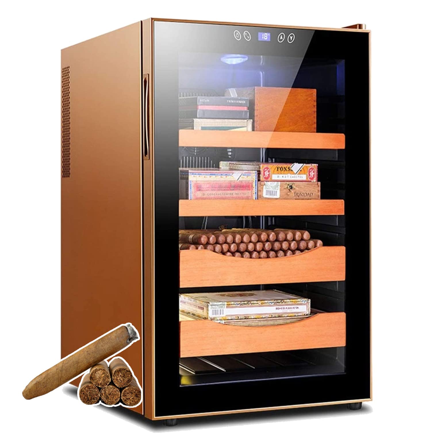 JMbpkduHs 70 L Elektrischer Zigarren-Humidor, Elektrischer Zigarren-Humidor-Kühler, Kühlschrank Für 400 Zigarren Mit Spanischem Zedernholz, 4 Etagen, Luftfeuchtigkeitseinstellung,Brown