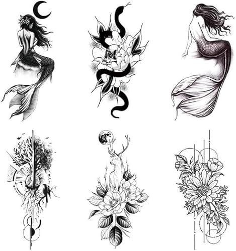 Tätowierung, temporäre Tätowierungen, Wunderschöne Tattoo-Aufkleber, 6 Blatt, schwarz-weiß, temporäre Tattoo-Aufkleber, Meerjungfrau-Blume, Schlangenschädel, Fake-Tattoo, sexy Knöchel-Blumen-Arm-Tatto