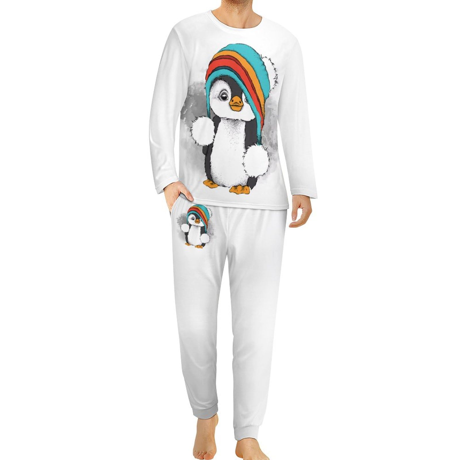 HABXNJF Herren Rundhals Schlafanzug Set, Niedlicher Pinguin Schlafanzug für Männer, Herren Pyjama mit Taschen, Süßer Pinguin, M