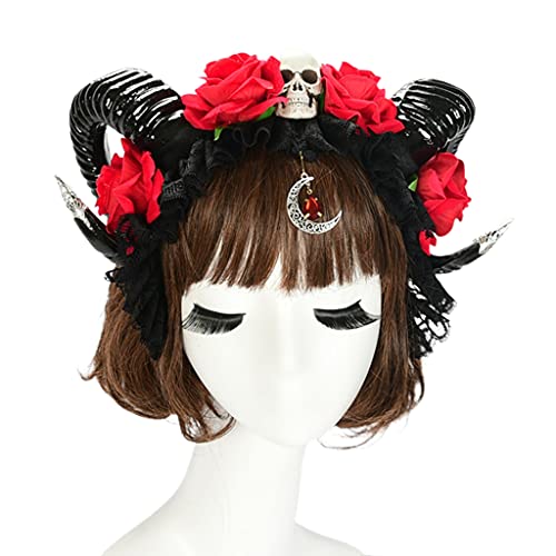 SANRLO Stirnbänder, Haarschmuck für Damen, handgefertigt, Halloween-Haarreifen, Ochsenhorn, Stirnband, Gothic-Blume, Totenkopf, Kopfschmuck, Rosenhorn, Stirnbänder, Cosplay-Haarschmuck