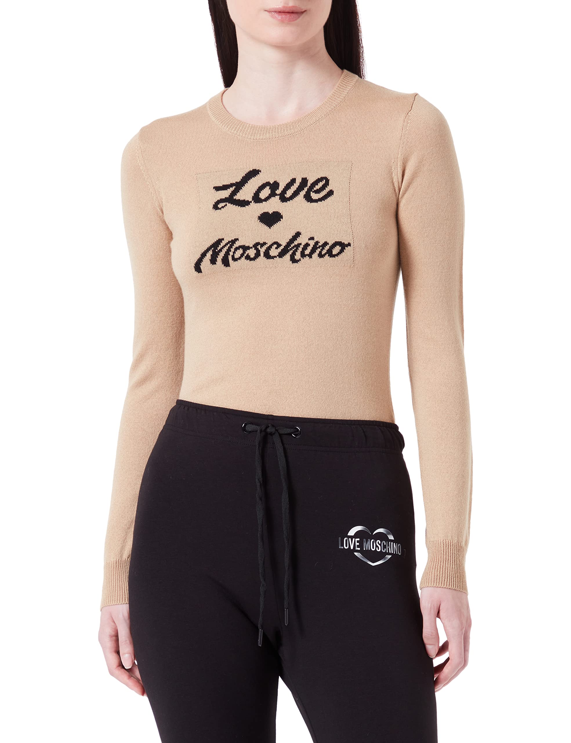 Love Moschino Damen Slim Fit Long-sleeved , With Italic Logo Jacquard Intarsia pullover, Melange Rust Light Brown, 44 EU