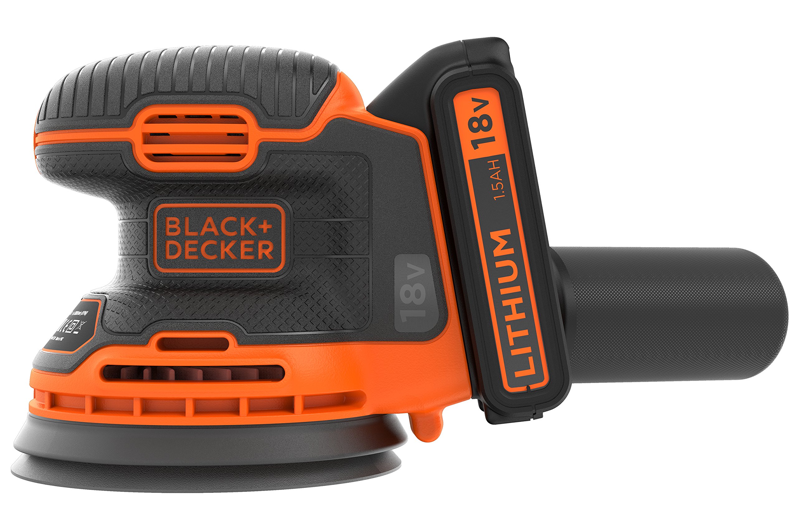 Black+Decker Akku-Exzenterschleifer (18V, 1,5 Ah, zum Schleifen/Polieren, Ergonomisches Griffdesign, inkl. Akku, Ladegerät, Schleifgitter (K80) und Werkzeugtasche, BDCROS18, 90 W), Schwarz / Orange