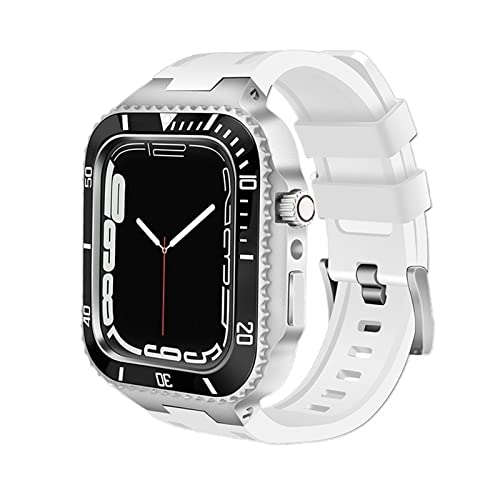 KANUZ Modifikationsset, Metall-Lünettenrahmen für iWatch 8, 7, 6, 5, 4 SE, Stahlband und Gummi-Uhrenarmband für Apple Watch Case Band 7, 45 mm, 44 mm (Farbe: Weiß-Silber, Größe: 45 mm)