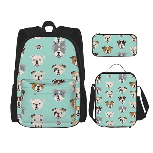 WURTON Schulrucksack-Set mit englischer Bulldogge, 3-in-1, Büchertaschen-Set mit Lunchbox, Federmäppchen, Reise-Laptop-Tagesrucksäcke