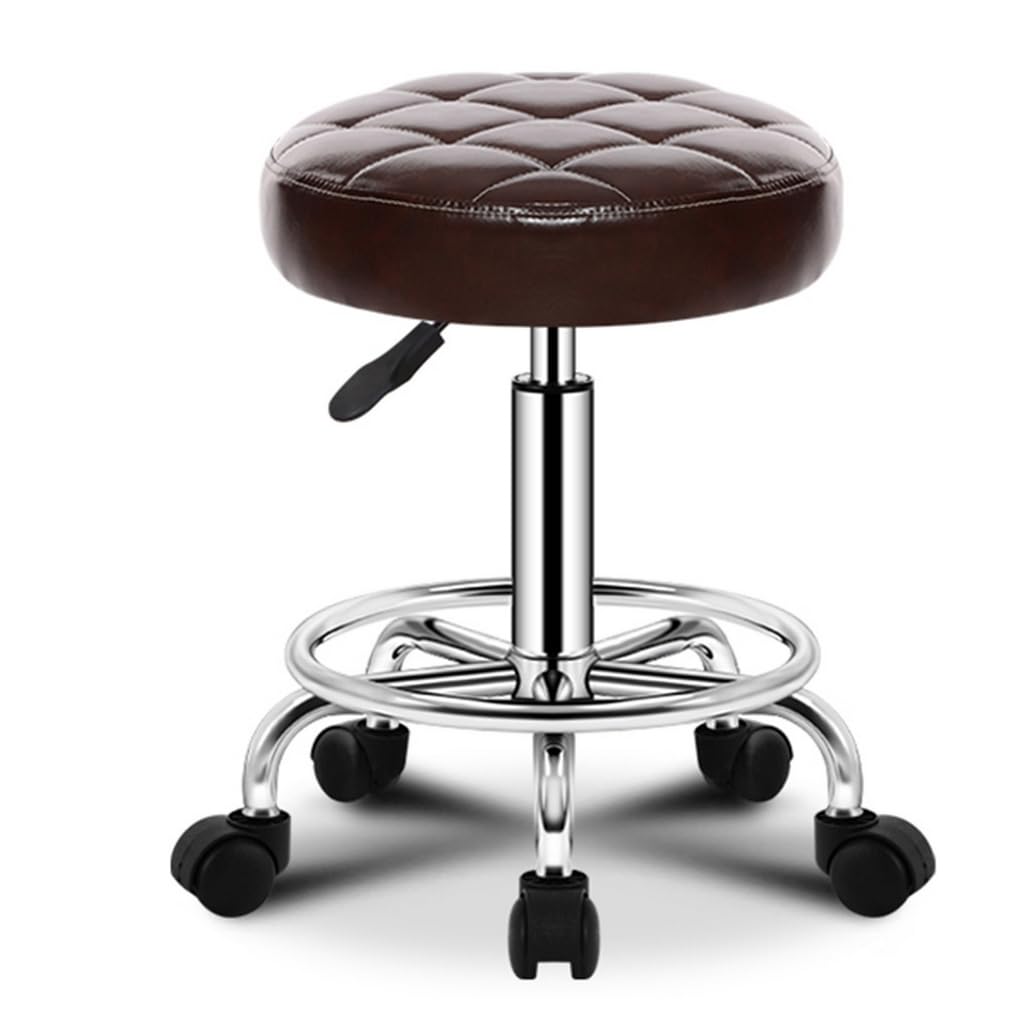 ZHOUXIAO PU Leder Rund Rolling Stool Shop Bar Hocker mit Rädern, Schwenkhöhenanpassung Rollinghocker mit Rädern Spa -Zeichnungs Salon Tattoo Office Massage Stuhl Kissen Brown