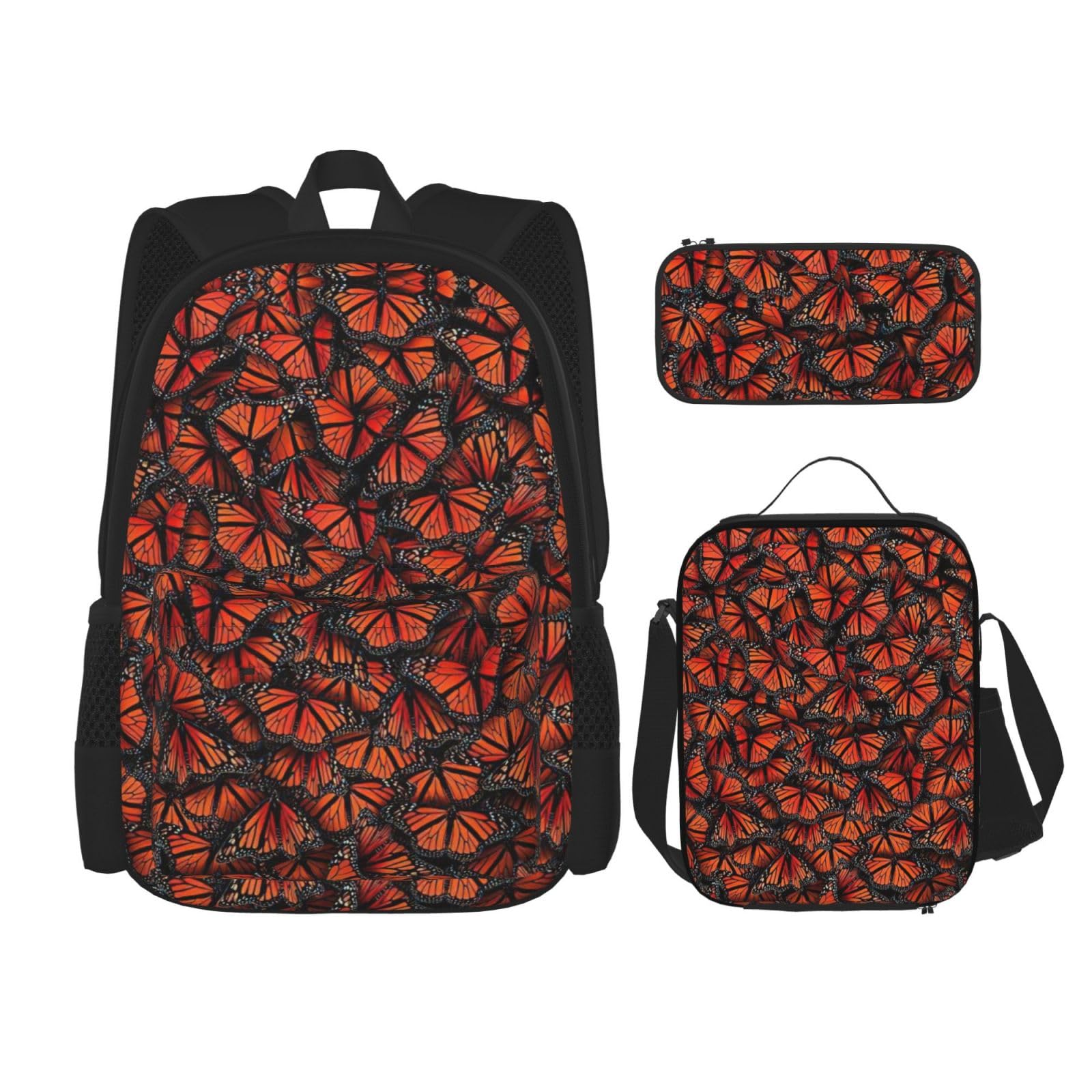 WURTON Monarch Butterflies Print Trendy Rucksack Taschen Lunchbox und Federmäppchen 3-in-1 verstellbares Rucksack-Set, Schwarz, Einheitsgröße, Schwarz , Einheitsgröße