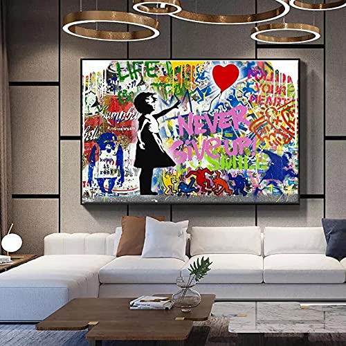 Banksy Never Give Up Ballon Mädchen Affe Leinwandbild Straße Graffiti Kunst Wand Poster Drucke Wandkunst Schlafzimmer Dekor 40x60cm Rahmenlos