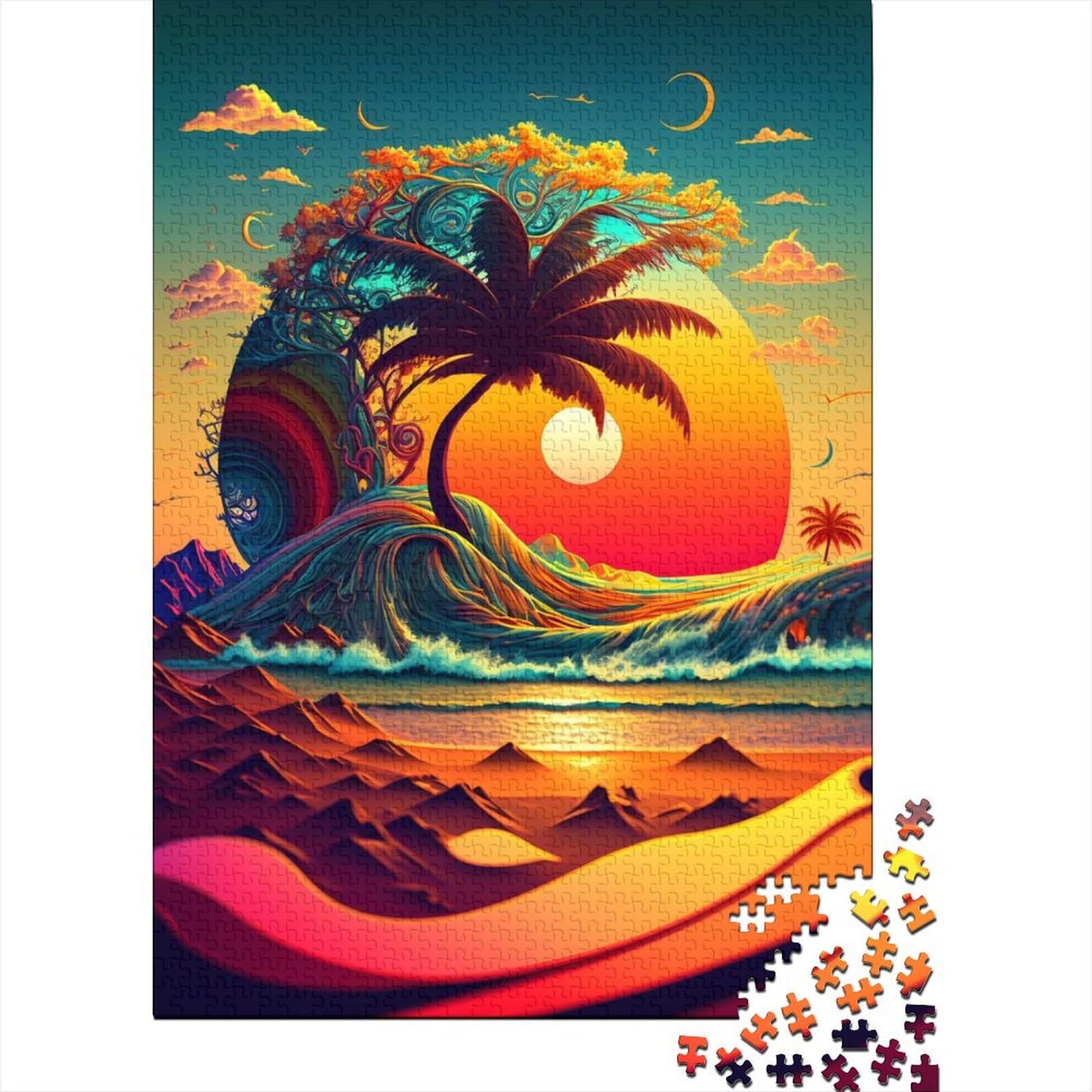 Psychedelic Shoreline Holzpuzzles für Teenager Geschenke Kunstpuzzles für Erwachsene 1000 Teile ganze Familie und die 75x50cm