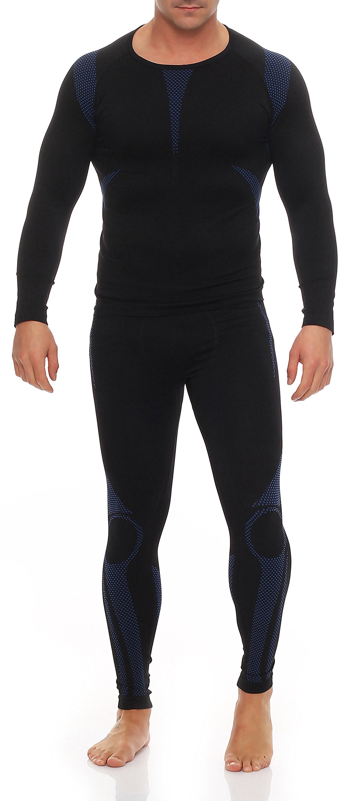 1x Set Herren-Thermounterwäsche Unterhose Unterhemd Langarm Gr. L/XL schwarz/blau Skiunterwäsche innen angeraut warm gegen Kälte weich Wintersport Termo-Unterwäsche, 1x Set Langarm Schwarz/Blau, L-XL