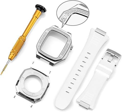 NEYENS Luxuriöses Sport-Metall-Uhrengehäuse für Herren, Metalllünette, Uhrenarmband, für Apple Watch 8, 7, 6, 5, 4, SE-Serie, Gummi-Uhrenarmband, Mod-Kit, für iWatch 44 mm, 45 mm, Ersatzzubehör, 44mm,