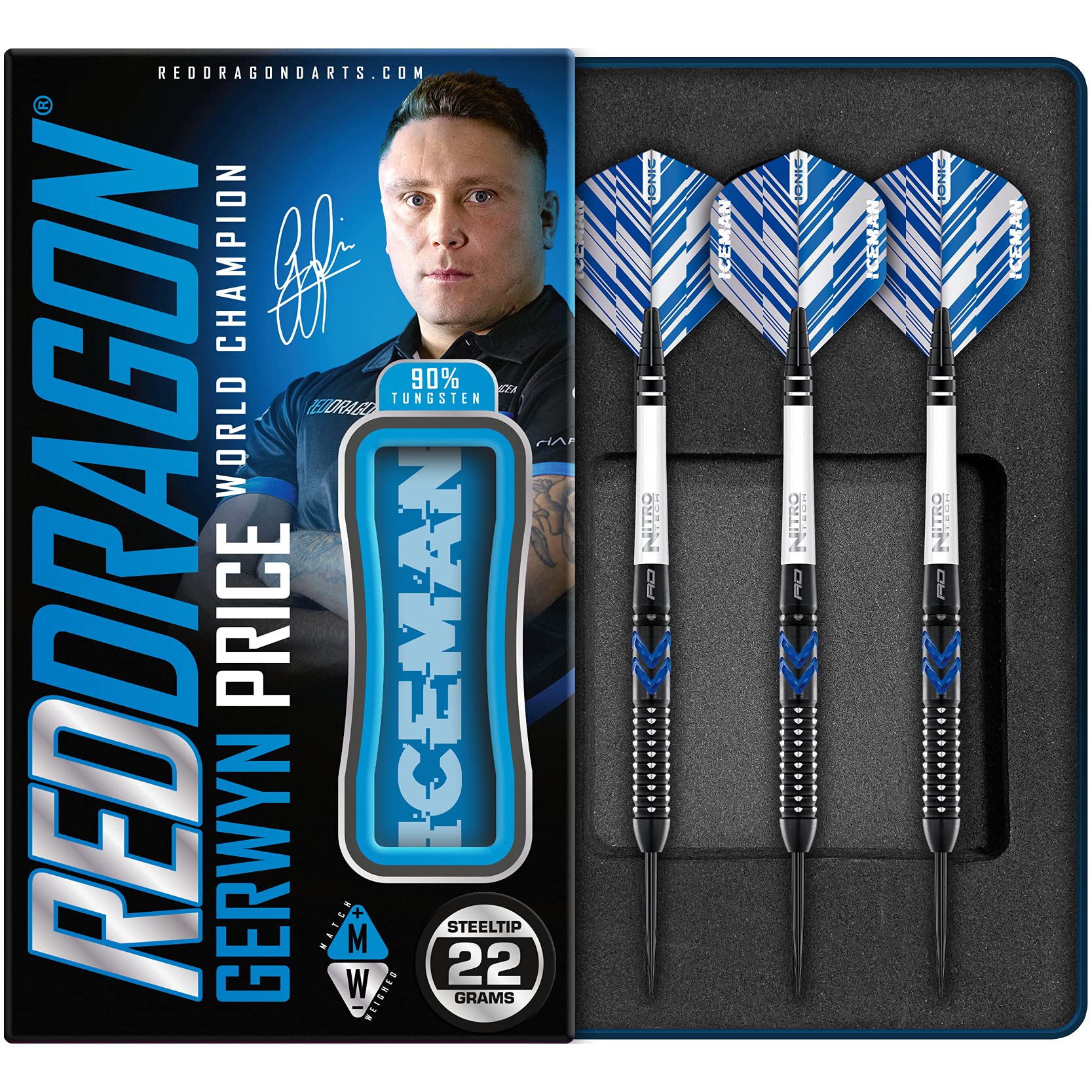 RED DRAGON Gerwyn Price Blue Ice SE 22 gram - Tungsten Professional Darts Set with Flights and Nitrotech Shafts (Stems)