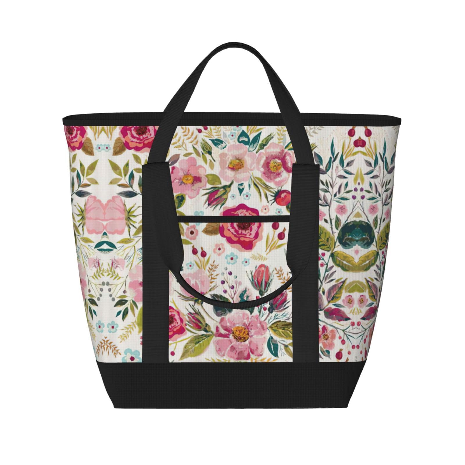 YQxwJL Tragetasche mit Blumenblatt-Aufdruck, große Kapazität, isolierte Lunchtasche, wiederverwendbare Einkaufstasche mit Reißverschluss für Damen und Herren