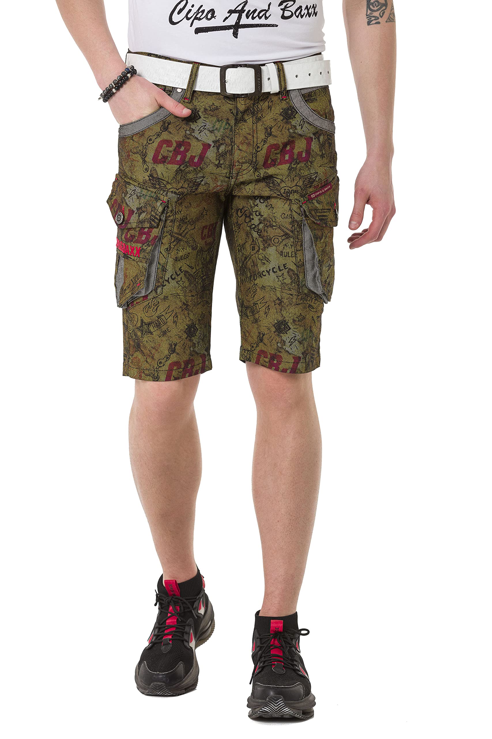 Cipo & Baxx Herren Shorts Kurzehose Cargo Bermuda Alloverprint CK256 Khaki W42