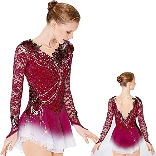 ZEDDG Professionelles Eiskunstlaufkleid Für Mädchen Und Damen Gymnastikanzug Schlittschuh-Rock-Gymnastik-Trikot-Kostüm,Hochelastisches Strass-Eislaufkleid,Red-M