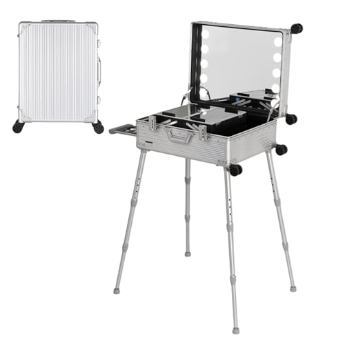 Aluminium-Trolley, Make-up-Zugkoffer mit LED-Leuchten, professioneller Kosmetik-Organizer für Studio, 3 Lichtschattierungen, Räder und Ständer (Silver Stripe)