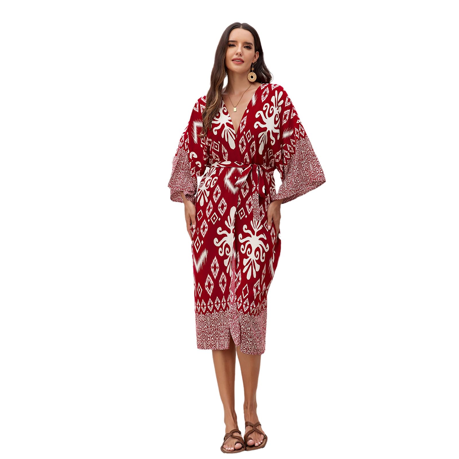 Zdprkqzvz Damen Kimono Cardigan Mit Offener Vorderseite Geometrischer Druck Lockeres Oberteil Mit Gürtel Langärmeliges Strandkleid Badeanzug Vertuschung