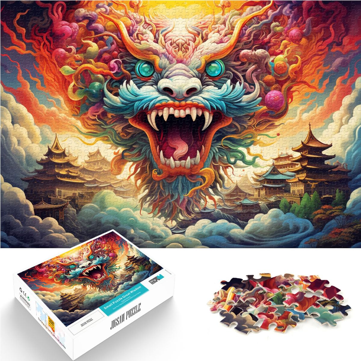 Puzzlespiel, bunter chinesischer Drache, 1000-teiliges Puzzlespiel, Holzpuzzle, anspruchsvoll, Aber unterhaltsam und humorvoll, 1000 Teile (50 x 75 cm)