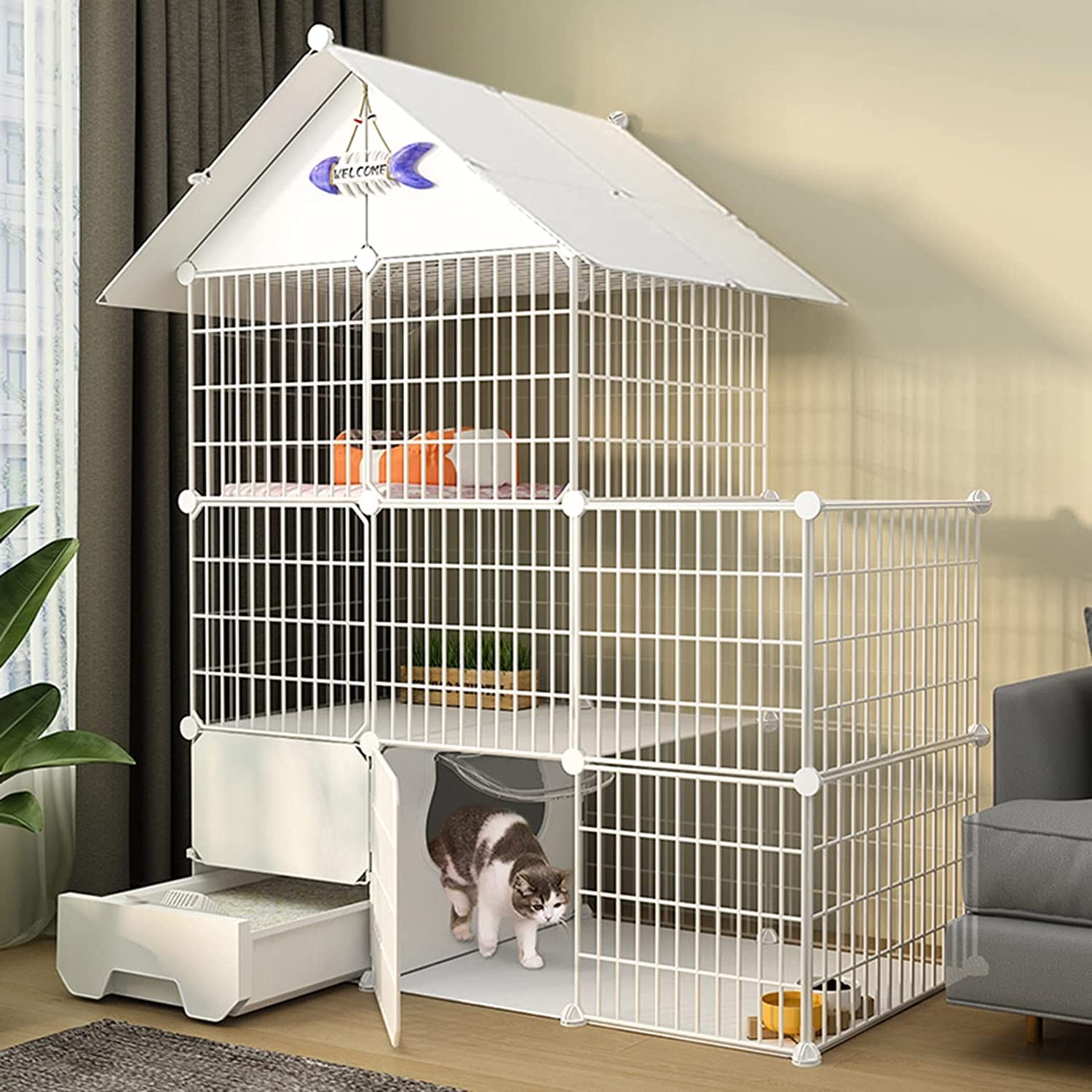 Katzenkäfig – Kaninchenkäfig für den Innenbereich, Katzenkäfig, großer Indoor-Katzenkäfig mit Katzentoilette, Katzenkäfig mit Tür und geschlossener Katzentoilette für Katzen (Set A 111 x 49 x 145 cm)