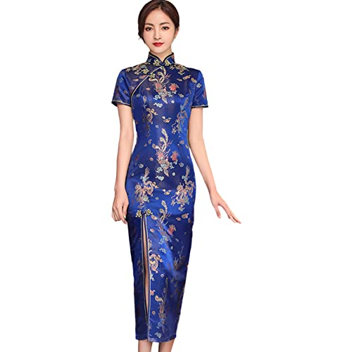 Altsuceser Damen Mandarin Kragen Vintage Stickerei Drache Phoenix Print Cheongsam Kleid, Split Traditionelles Chinesisches Kleid Qipao Hochzeitskleid Dunkelblau M