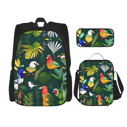 YQxwJL 3-in-1-Rucksack-Büchertaschen-Set, Motiv: griechische Insel, Meerblick, lässiger Reiserucksack, mit Federmäppchen, Lunchtasche, Tropische Vögel und Pflanzenblätter, Einheitsgröße