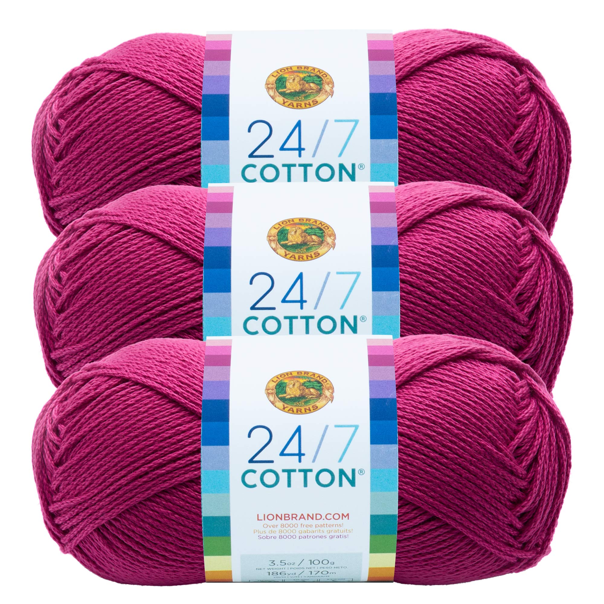 (3 Pack) Lion Brand Yarn 761-142 24-7 Cotton Yarn, Rose