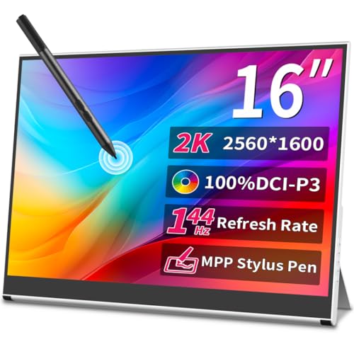 Magedok 16 Inch 2K Portable Monitor Touchscreen,144hz Gaming Monitor- MPP Stylus Pen Support - HDR,1MS, 100% P3,IPS，VESA，Anti-Glare Eye Care Mobile Display for Laptop Mini PC Mac PS5/4 Xbox NUC