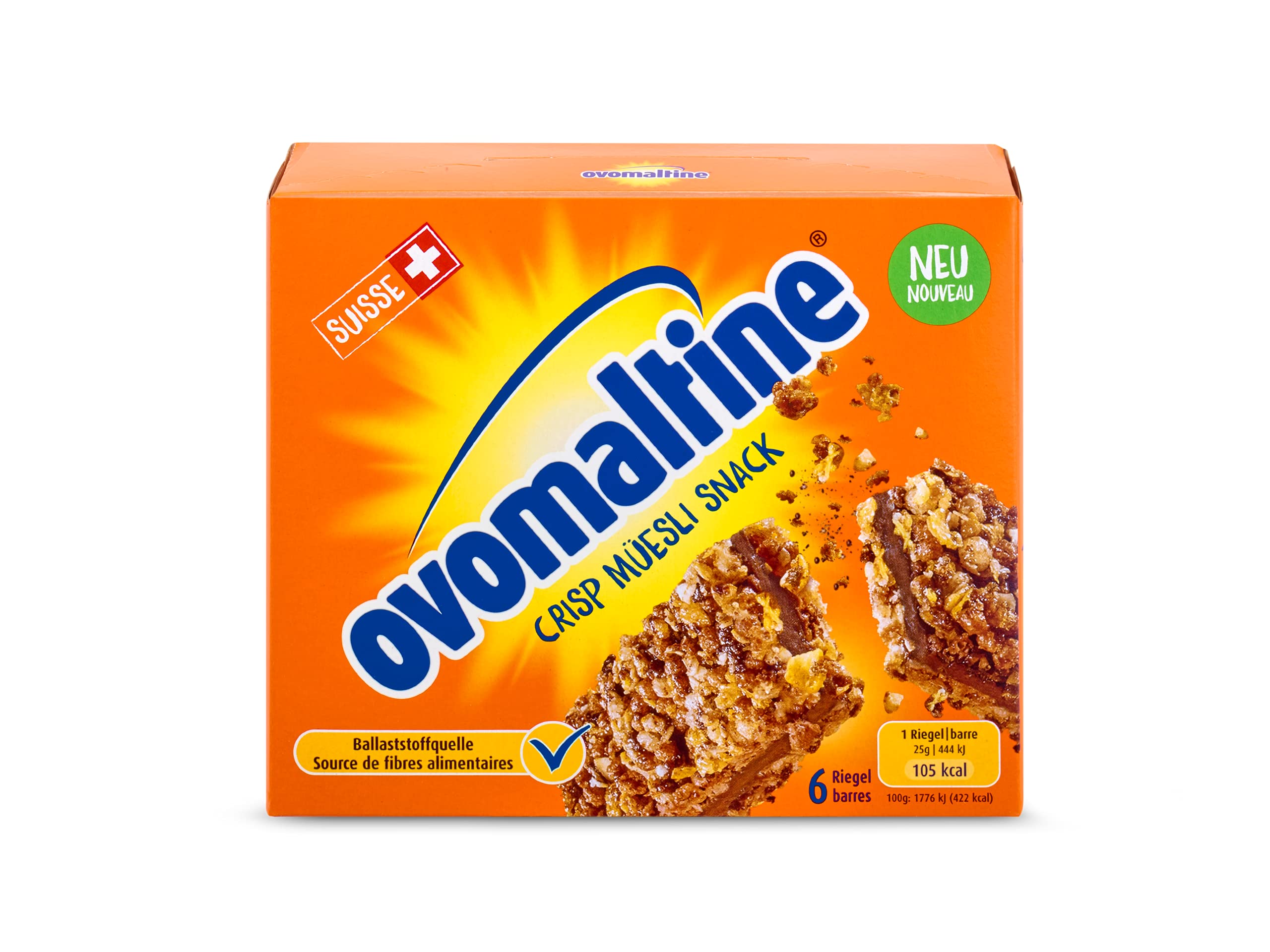 Ovomaltine Crisp Müsli-Riegel - Crunchy Schoko-Riegel aus Cerealien mit Ovomaltine-Creme - feinstes Kakao-Pulver, nachhaltig, 4er Packung (6 x 25g)