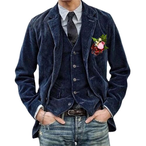 WINDEHAO Herren Vintage Cord Revers Jacke Casual Cord Blazer Jacke Revers Kragen Knopf Anzug Slim Business Dinner Jacken Mantel, marineblau, XXXL