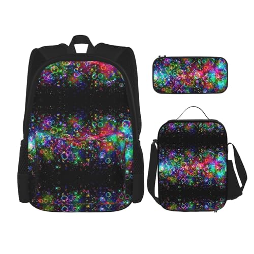 WURTON Schulrucksack-Set mit buntem Kunstdruck, 3-in-1, Büchertaschen-Set mit Lunchbox, Federmäppchen, Reise-Laptop-Tagesrucksäcke