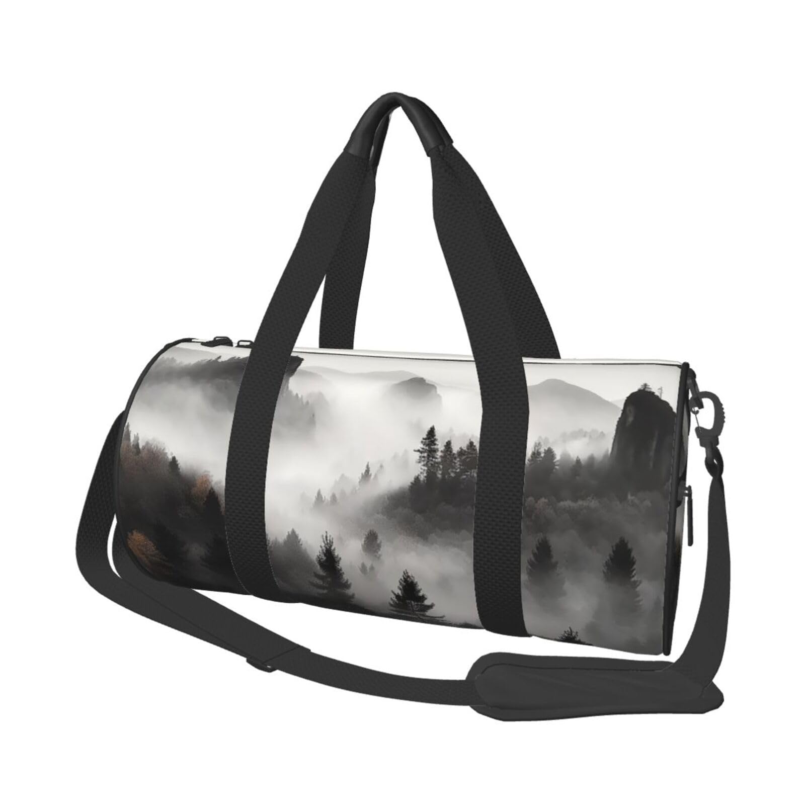 Foggy Mountains Reisetasche, Handgepäcktasche, Wochenendtasche, Übernachtungstasche, Sport, Turnbeutel für Damen und Herren, faltbar, runde Reisetasche für Reisen, Sport, Fitnessstudio, Schwarz,