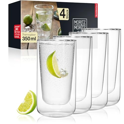 Moritz & Moritz 4x 350 ml Trinkgläser Set Doppelwandig - Doppelwandige Gläser für Cocktails, Wasser, Tee, Kaffee oder Longdrinks - Spülmaschinengeeignet