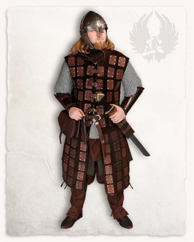 MYTHOLON Osric braune Lederbrigantine, S, Lederrüstung mit seitlichen Schnürungen, Wildleder, Messingschnallen, Lederwappenrock, Mittelalter, LARP, Cosplay, Wikinger