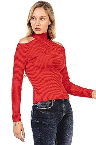 Cipo & Baxx Damen Pullover Rollkragen Pulli Rippenstrick Off Shoulder Schulterfrei WP205 Rot XL