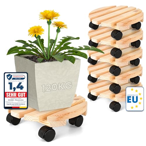 Oramics 6 Stück Pflanzenroller Rund aus Massivholz – Ø30 x 8 cm bis 120 KG belastbar – Rollbrett für Pflanzen, Blumentöpfe und Blumenkübel – Blumentopf Untersetzer mit 4 Rollen