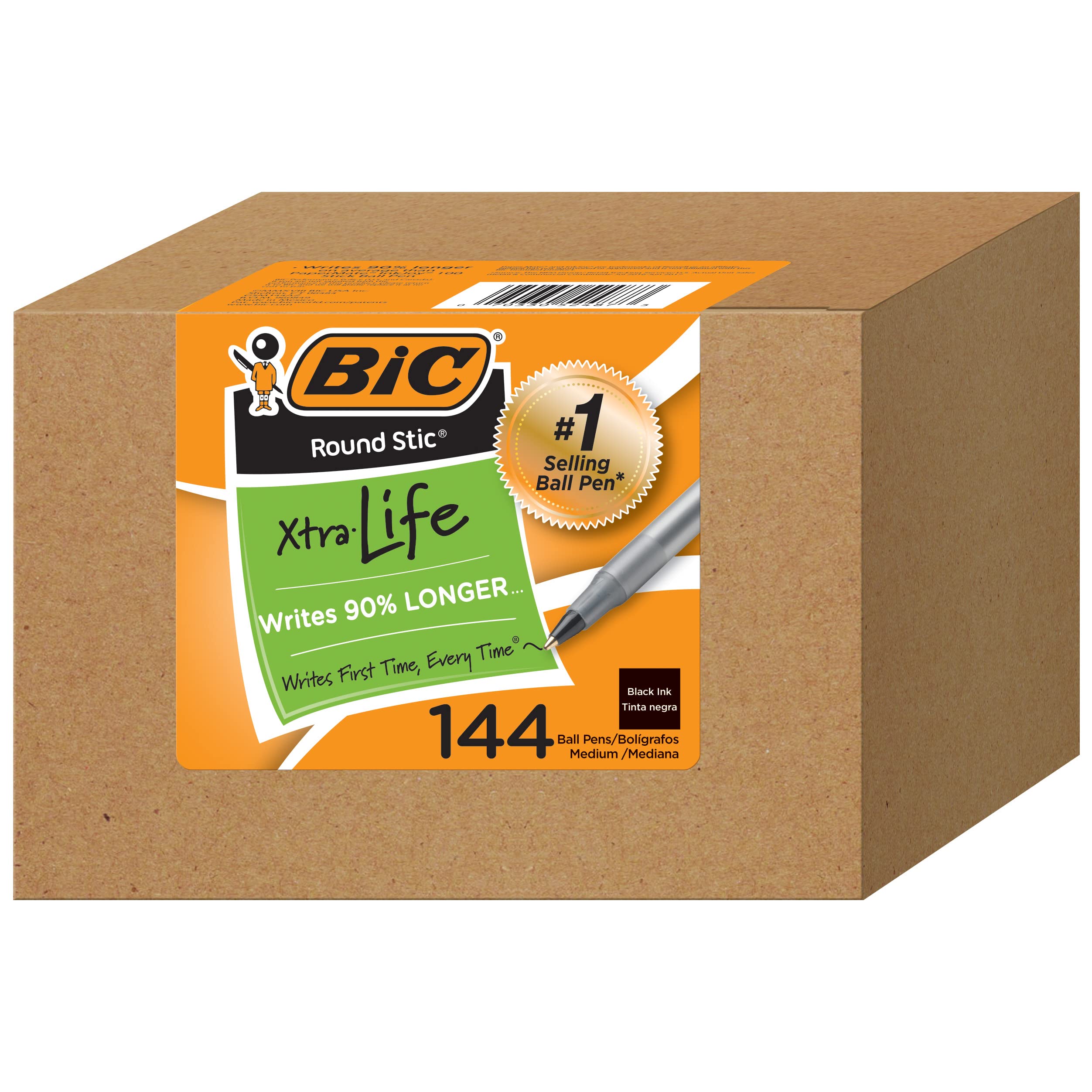 BIC Round Stic Xtra Life Kugelschreiber, Mittelgroße Spitze 144 Count Schwarz