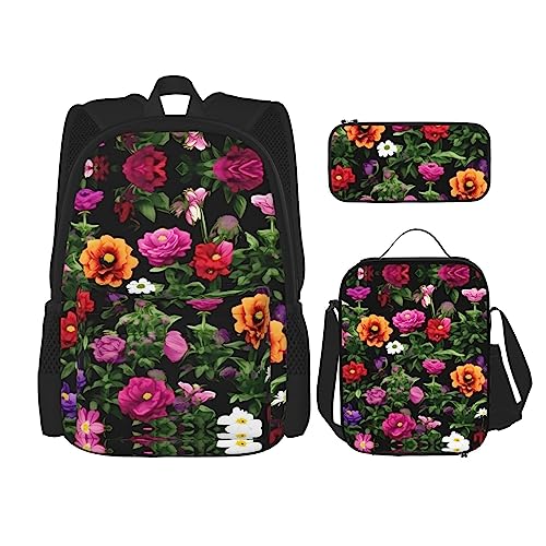 WURTON Thug Life Blumen Druck Reise Lunchbox Federmäppchen Rucksack Set 3 Stück Verstellbare Träger Leicht