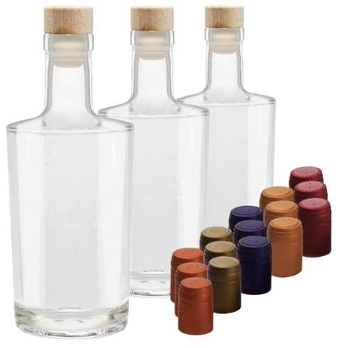 Glas Karaffe elegante Flasche 0,35 L od. 0,5 L leer für Whisky Gin Cognac zum selbst befüllen mit farbigen Schrumpfkapseln, Anzahl & Flaschengrösse:3x 500ml