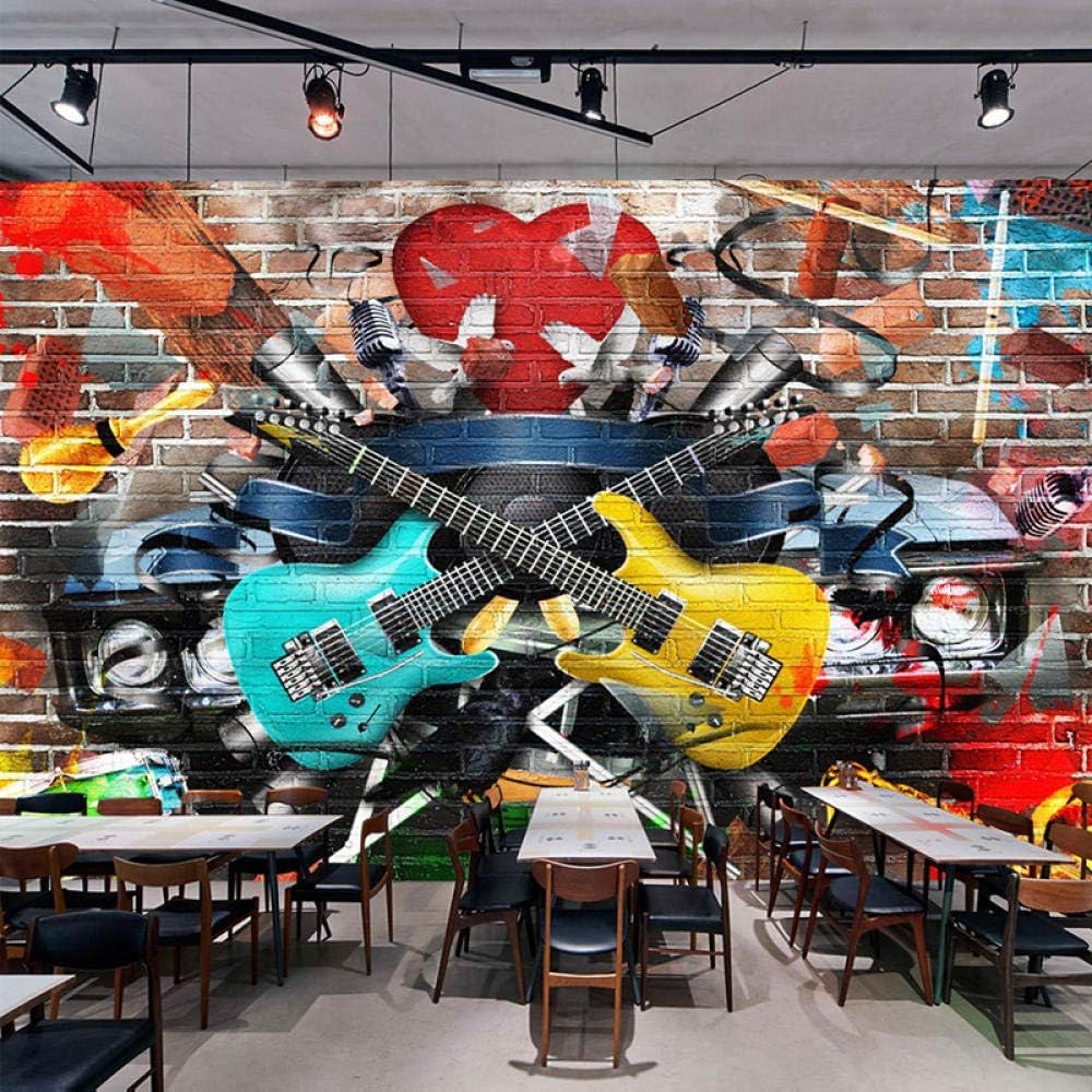 Stereoanlage Backsteinmauer Graffiti Gitarre 3D Tapete Poster Restaurant Schlafzimmer Wohnzimmer Sofa TV Dekorative Wand-430cm×300cm