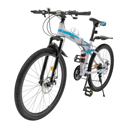 Fridgestea 26 Zoll Mountainbike Klappbar, 21 Gang Klapprad, Klappfahrrad Erwachsene Jugendfahrrad MTB mit Scheibenbremsen vorne und hinten für Jungen Mädchen Damen Herren (Blau+Weiß)