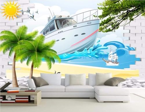 Weiße Backsteinmauern Kreuzfahrtschiff Sea Sun 3D Tapete Poster Restaurant Schlafzimmer Wohnzimmer Sofa TV Dekorative Wand-200cm×140cm