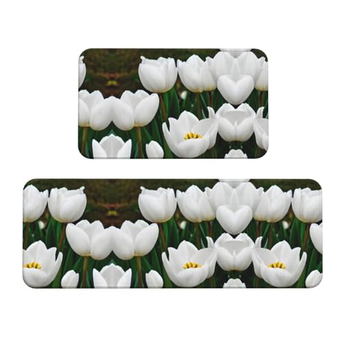 YQxwJL Küchenteppich, weiße Tulpen, Blumendruck, rutschfeste Küchenmatte, 2er-Set, bequeme Stehmatten für Küche, Büro