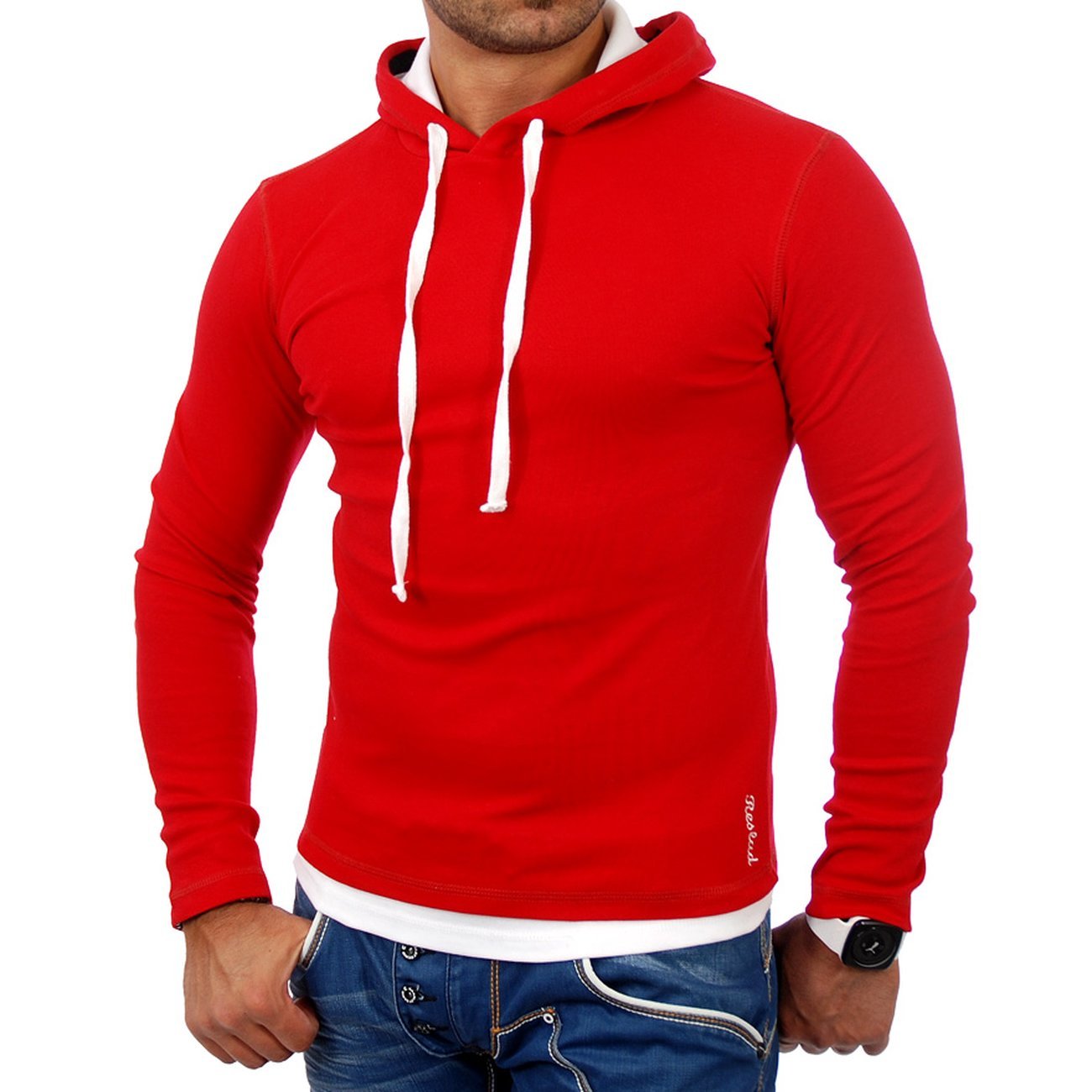 Reslad Herren Pullover Kapuzenpullover Sweatshirt Sweater Pulli Hoodie RS-1003 Rot-Weiß 2XL