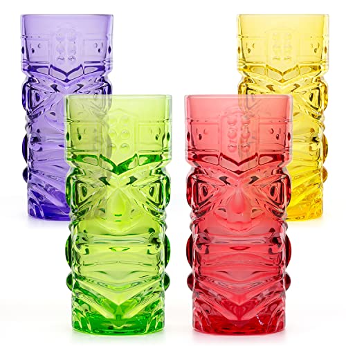 CKB Ltd 4er-Set Tiki Becher Maori Tiki Glas Farbiges Glas Tiki-Set Cocktailgläser Cocktailbecher Longdrinkglas für Mai Tai, Rum Cocktail, Tiki Bar 450ml