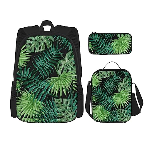 WURTON Transparentes Palmblatt-Muster Druck Lunchbox Federmäppchen Rucksack Set 3 Stück Verstellbare Träger Langlebig Leicht, Schwarz, One Size