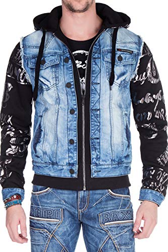 Cipo & Baxx Herren Jeansjacke Sweatjacke Übergangsjacke Premium Denim Jacke Sweatjacke mit Kapuze Blau Gr.L